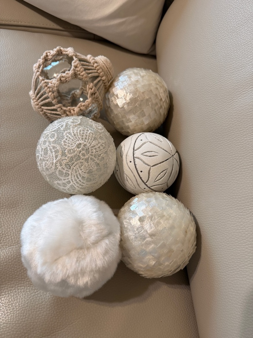 Set of 6 round ball home decor accents white cream wood macrame shell faux fur